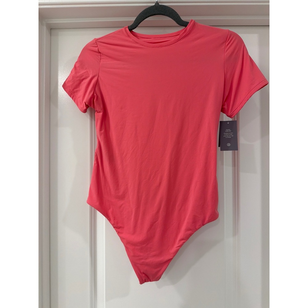 Auden Luxury Collection Bodysuit Womens Large Coral Pink Short Sleeve Crew Neck